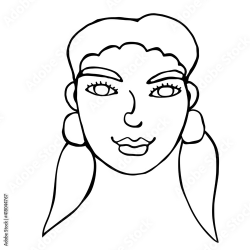 The face of a girl with two ponytails. Vector contour illustration in the style of doodle drawn by hand. Different and beautiful