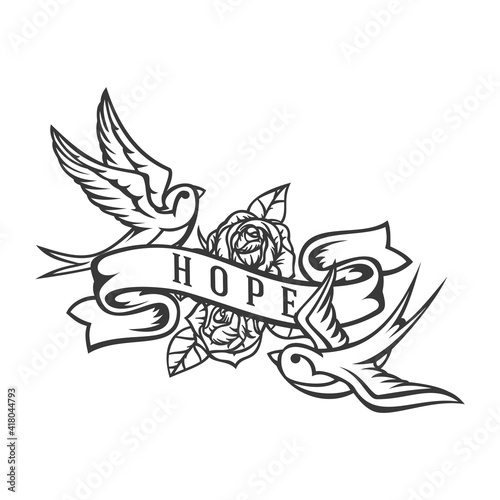 Two cartoon flying swallow with ribbon and roses isolated on white background. Design bird in retro vintage style for old school tattoo, print, label, poster. Vector illustration.