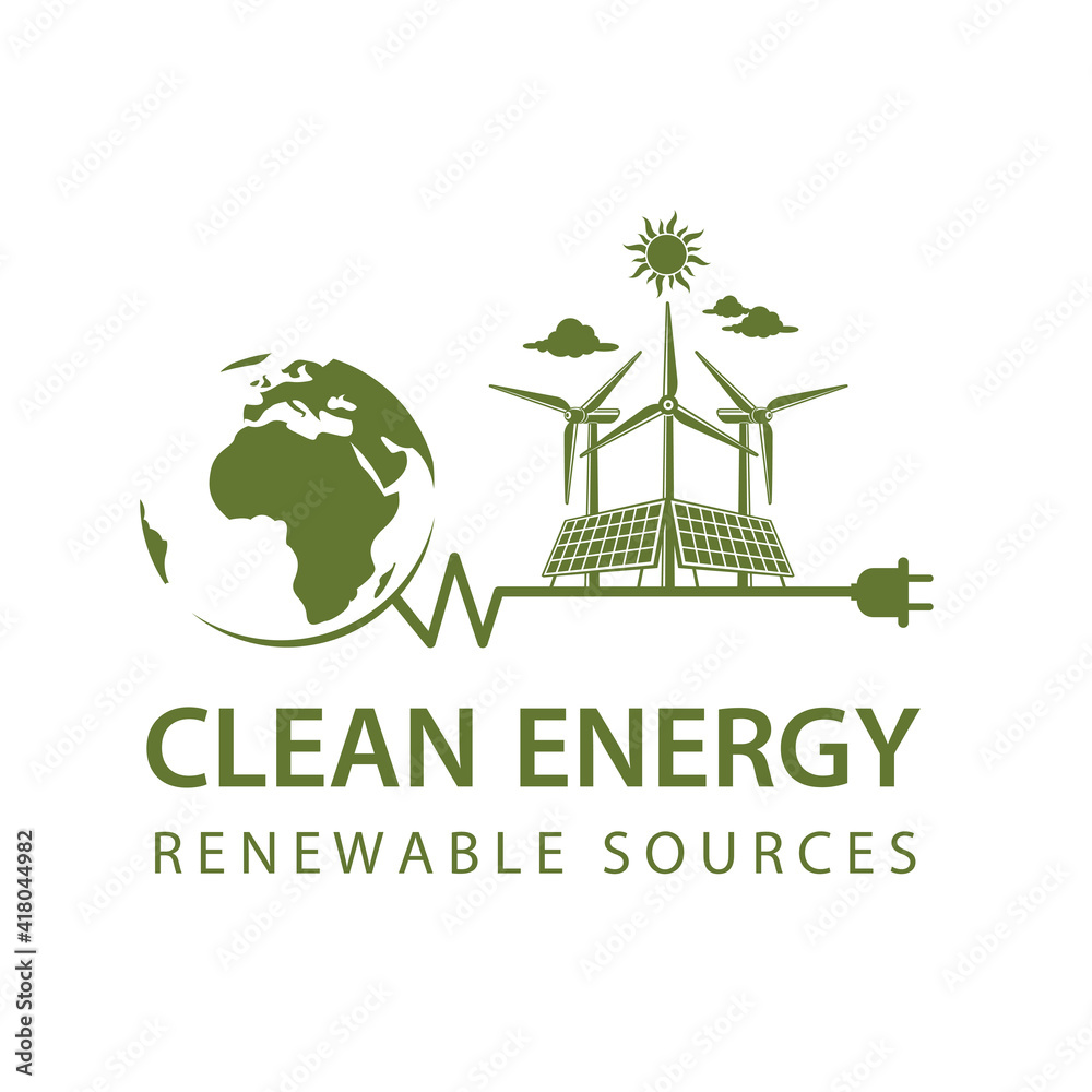 renewable energy icon with wind turbine, solar panel and earth isolated on white background renewable energy icon with wind turbine, solar panel and earth isolated on white background