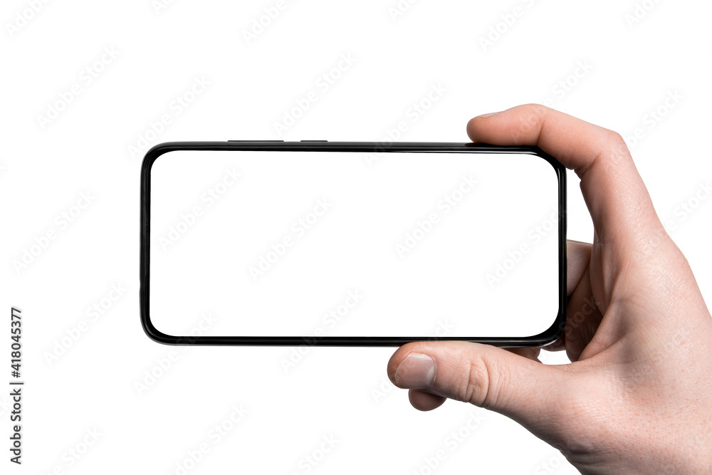 Mock up, mockup.Man hand holding the black smartphone with frame less blank screen and modern frameless design,vertical - isolated on white background.Clipping path.UI design interface Mock up, mockup.Man hand holding the black smartphone with frame less blank screen and modern frameless design,vertical - isolated on white background.Clipping path.UI design interface