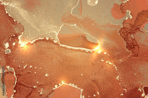 Amber and gold abstract alcohol ink marble texture. Vector shining background with glitter. Template for banner, poster design. Fluid art painting