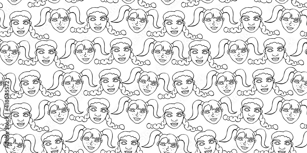 Seamless pattern with cartoon face vector people. Hand drawn line art illustration. Outline doodle head of women, girls. Texture backdrop