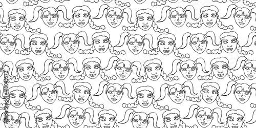 Seamless pattern with cartoon face vector people. Hand drawn line art illustration. Outline doodle head of women, girls. Texture backdrop