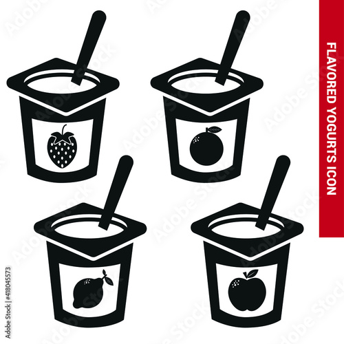 Vector image. Icon of different yogurts with different flavors.