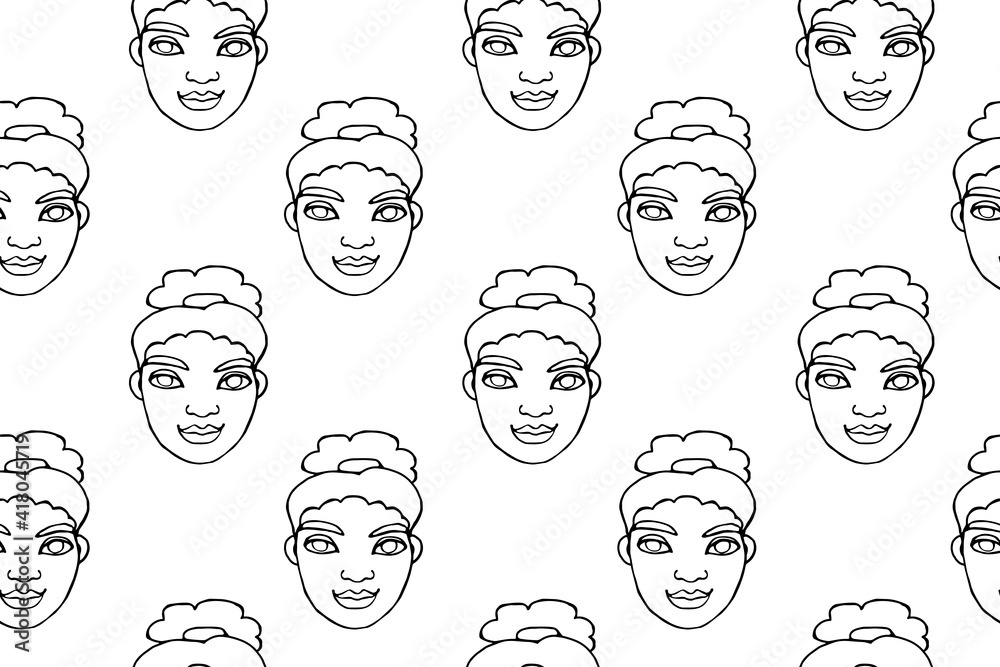 Seamless pattern with cartoon face vector people. Hand drawn line art illustration. Outline doodle head of women, girls. Texture backdrop Seamless pattern with cartoon face vector people. Hand drawn line art illustration. Outline doodle head of women, girls. Texture backdrop