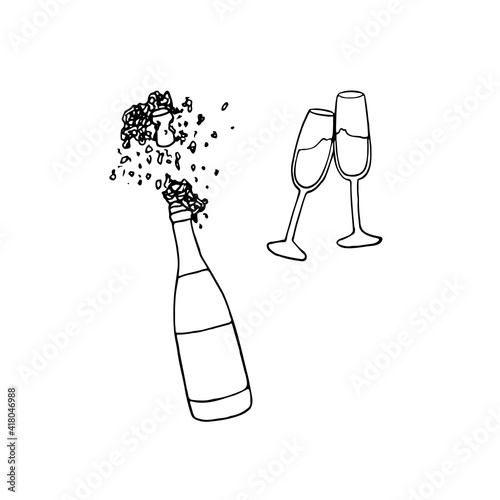 Open bottle of champagne with foam and splashes and two clinking glasses with a drink - vector sketch illustration.