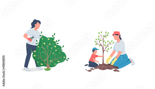 Working in garden flat color vector faceless character set. Mother and kid cultivate tree. Trim bush. Spring work in yard isolated cartoon illustration for web graphic design and animation collection