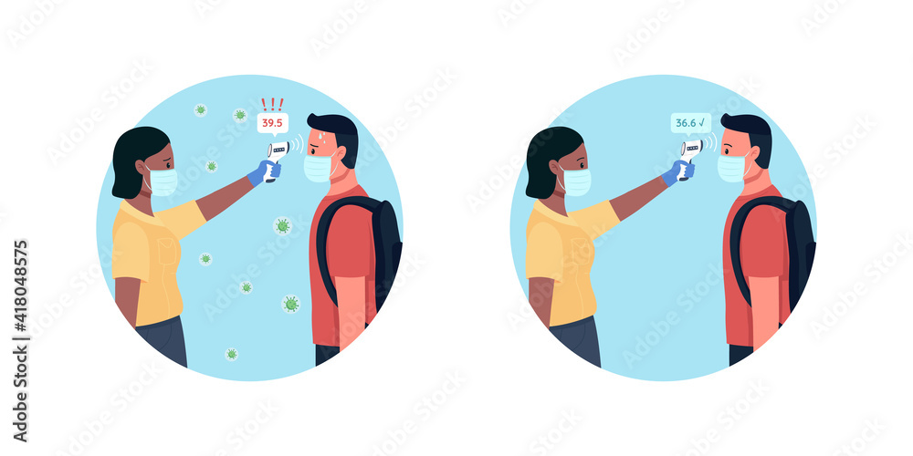 Measuring temperature 2D vector icon set. Preventing corona virus expanding process. Medical care flat characters on cartoon background. Covid printable patch, colorful web element Measuring temperature 2D vector icon set. Preventing corona virus expanding process. Medical care flat characters on cartoon background. Covid printable patch, colorful web element