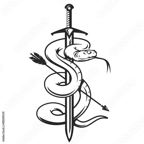 Hand drawn monochrome concept with medieval sword, wood arrow and poison snake in vintage style. Design composition for tattoo, print. Retro vector illustration isolated on white background.