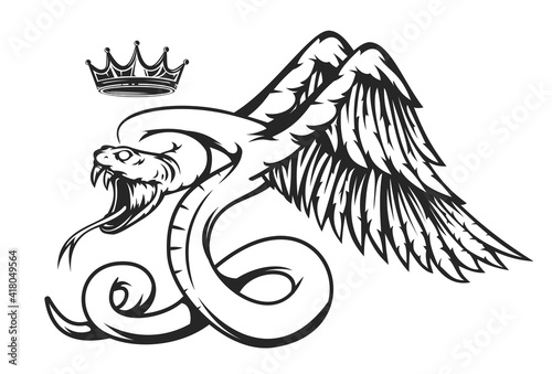 Hand drawn monochrome concept with poison snake, wings and crown in vintage style. Design composition for tattoo, print. Retro vector illustration isolated on white background.