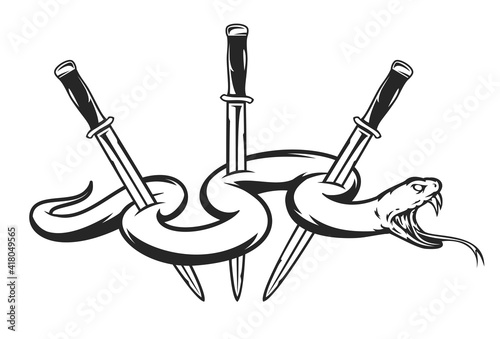 Hand drawn monochrome concept with three knives and poison snake in vintage style. Design composition for tattoo, print. Retro vector illustration isolated on white background.