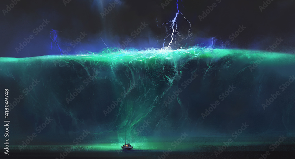 Fototapeta premium Small boat facing huge ocean waves, fantasy illustration.