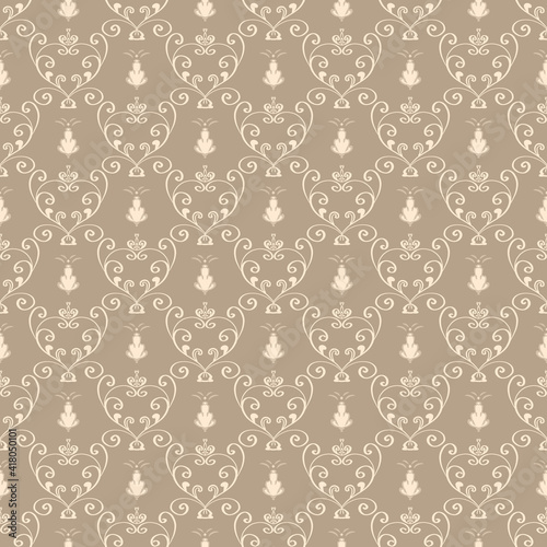 Beautiful old-fashioned rococo wallpaper. Beige seamless patterns with curls, curves, small fountains. Ideal for interior decoration, fabrics, wall covering design, packaging, scrapbooking