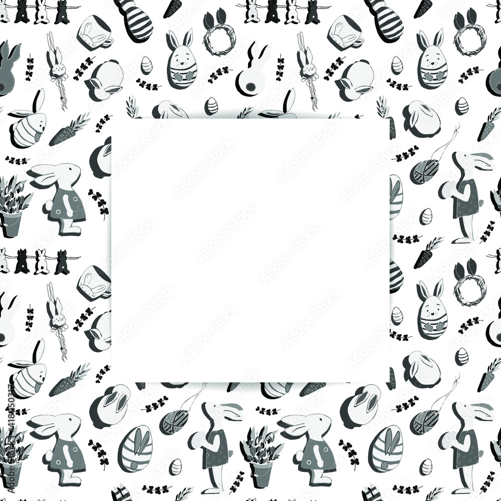 White square sheet of paper. Template for stickers, photos, items, notes, lists, etc. Cartoon Easter bunnies, carrots, eggs, decoration elements for Easter. Black and white vector illustration.