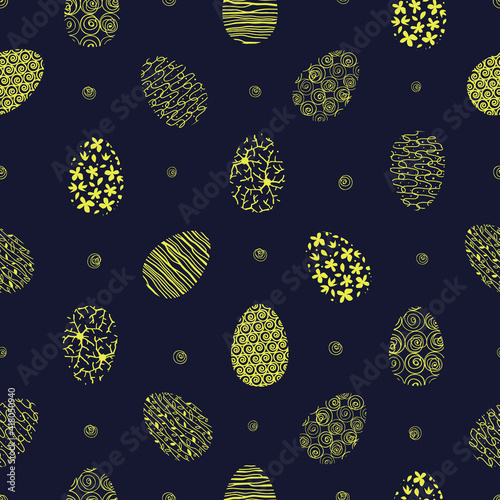 Gold ester eggs on a dark background. Seamless pattern. Vector illustration.