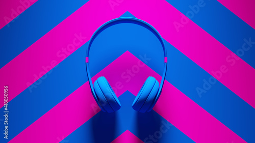 Blue Pink Headphones Post-Punk with Pink an Blue Chevron Background 3d illustration render	