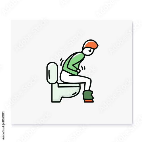 Virus diarrhoea color icon. Character has a strong severe pains in intestines or stomach.Intestinal upset.Food poisoning.Isolated vector illustration