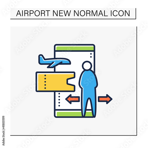 Contactless ticket color icon. Forced distance in queue due to pandemic. Limit queuing spaces. Online tickets reservation. Airport new normal concept. Isolated vector illustration