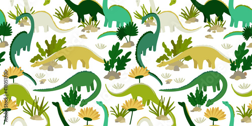 Dinosaurussen en planten. Naadloze achtergrondpatroon voor kinderen jongens. Schattige cartoon dinosaurussen op witte achtergrond. Vector
