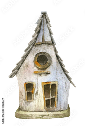 Canvastavla Wooden birdhouse hand drawn in watercolor isolated on a white background