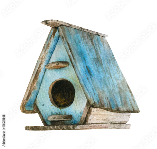 Blue wooden birdhouse hand drawn in watercolor isolated on a white background Fototapeta