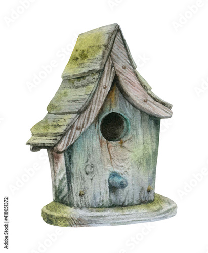 Canvas Print Wooden birdhouse hand drawn in watercolor isolated on a white background