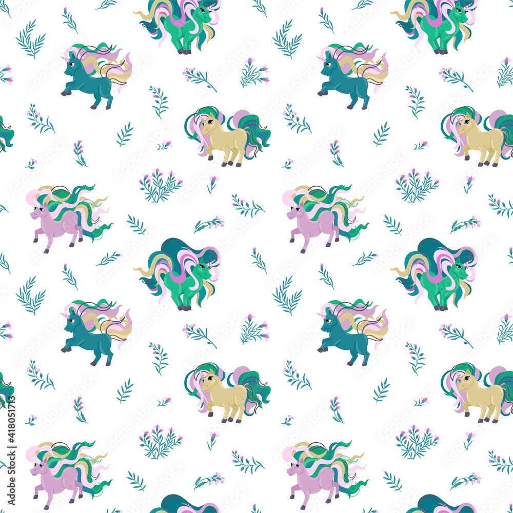 Seamless pattern unicorns. Vector flat illustration. Design for paper, cover, fabric, interior decor and other users. Seamless pattern unicorns. Vector flat illustration. Design for paper, cover, fabric, interior decor and other users.