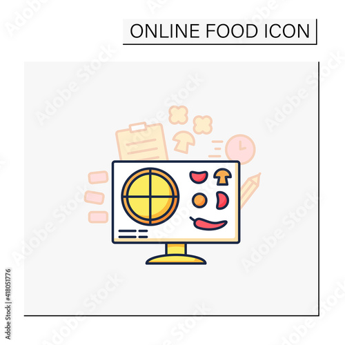 Pizza constructor color icon. Application helps create perfect pizza. Online shopping. Click-and-collect service. Grocery shop. Internet delivery concept. Isolated vector illustration
