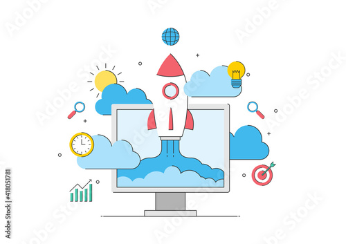 rocket launch computer, startup business concept flat vector design