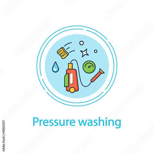 Pressure washing concept line icon. Power washing. Hydro-jet cleaning. High-pressure water spray usage to remove dirt. Cleaning service concept.Vector isolated conception metaphor illustration