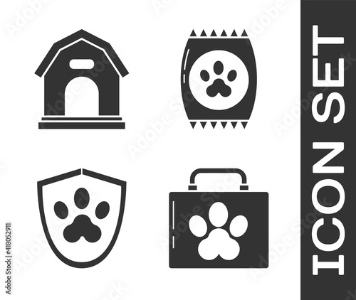 Set Pet first aid kit, Dog house, Animal health insurance and Bag of food for pet icon. Vector.