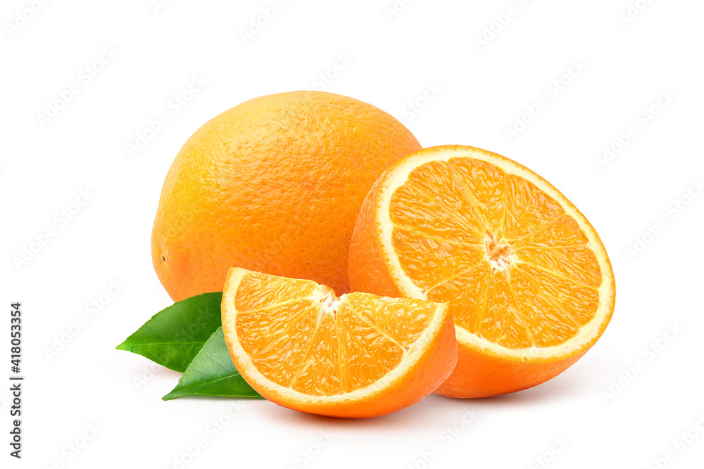 Navel Orange with cut in half and slices isolated on white background. Navel Orange with cut in half and slices isolated on white background.