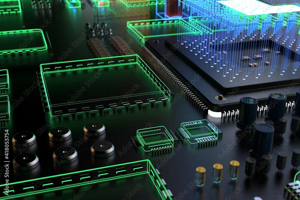 different types of computers and spare parts. 3D rendering on the ...