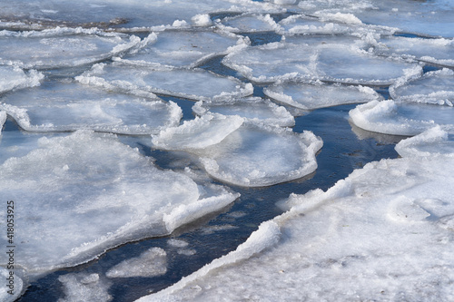 Spring. River bank with pieces of ice.