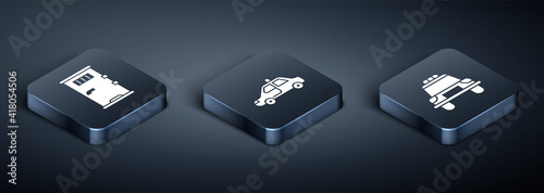 Set Isometric Prison cell door, Police car and flasher and Police car and flasher icon. Vector.