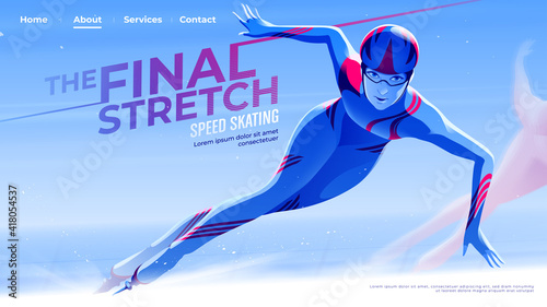 Vector illustration for UI or a landing page in speed skating theme of the female skate athlete is exiting the curve into the final stretch. photo