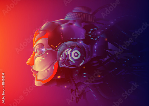 A futuristic vector illustration of a powerful female artificial intelligence technology