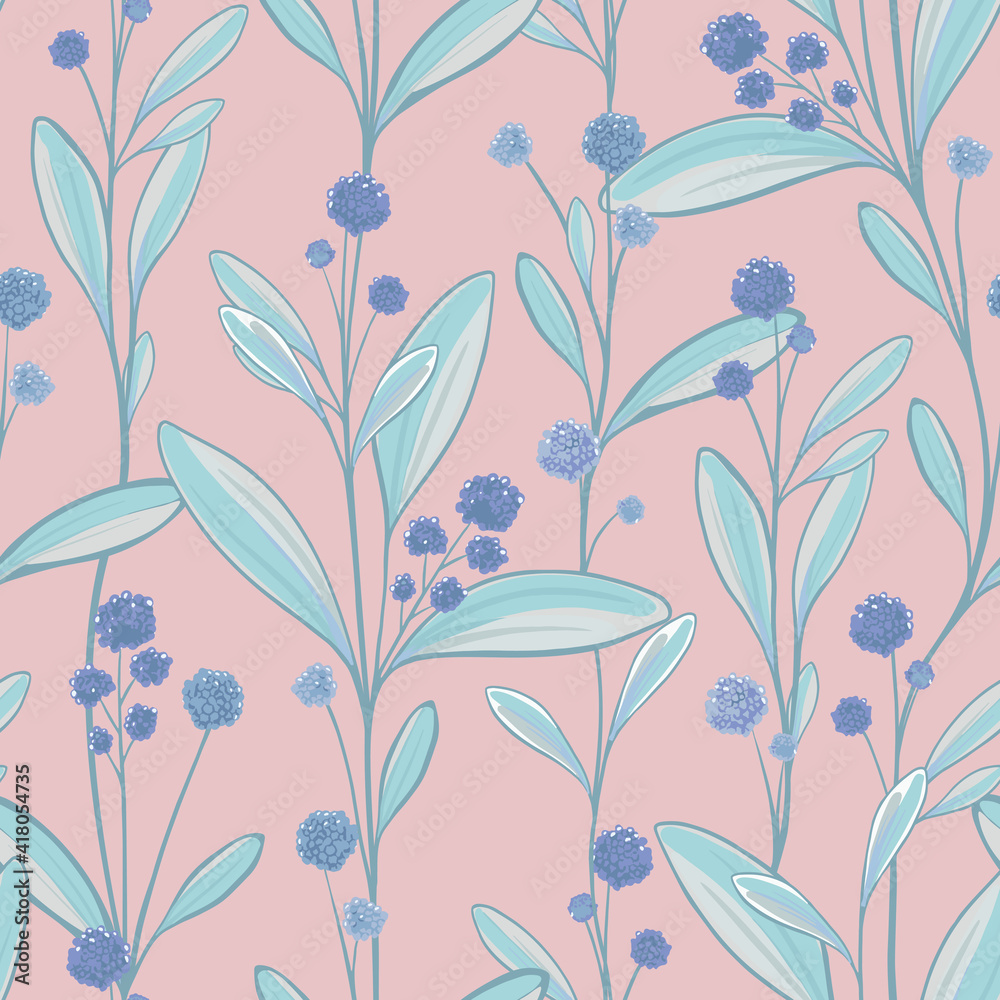 Botanical vector background with plants, flowers and berries. Vector illustration. Blue and powdery colors Botanical vector background with plants, flowers and berries. Vector illustration. Blue and powdery colors