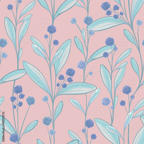 Botanical vector background with plants, flowers and berries. Vector illustration. Blue and powdery colors