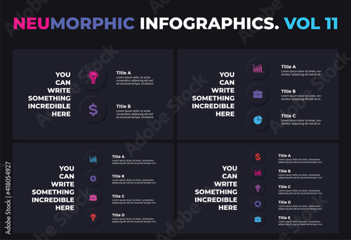 Neumorphic Vector Infographic. Circles timeline. 2, 3, 4, 5 options. Presentation slide template. Neumorphism ui design. Clean minimal flat style. 