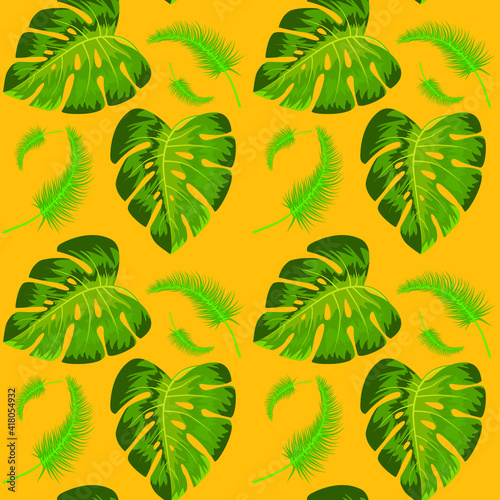 Background from tropical leaves on a yellow background, texture for design, seamless pattern, vector illustration