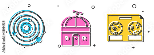 Set Solar system, Astronomical observatory and Celestial map of the night sky icon. Vector.