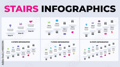 Neumorphic Vector Infographic. Presentation slide template. Stairs with 3, 4, 5, 6, 7, 8 steps. 