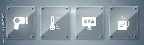 Set Cup of tea and leaf, Spa salon, Sauna thermometer and Hair dryer. Square glass panels. Vector.