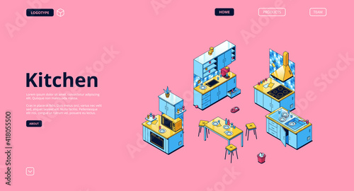 Kitchen banner. Modern furniture and cooking appliances for house kitchen. Vector landing page with isometric illustration of cupboards, shelves, stove, microwave oven, sink and refrigerator