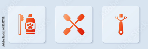 Set Cotton swab for ears, Dental hygiene pets and Hair brush dog and cat. White square button. Vector.