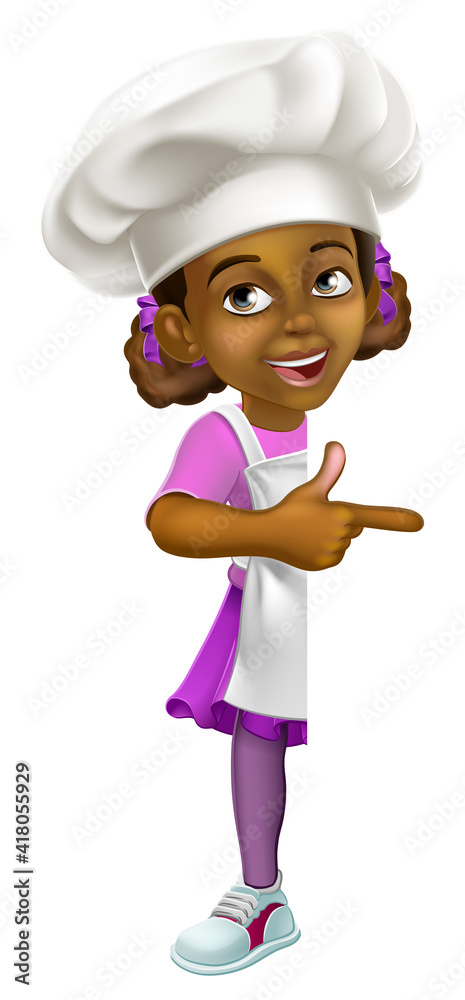 A young black little girl cartoon child character chef, cook or baker kid peeking around a background sign and pointing. A young black little girl cartoon child character chef, cook or baker kid peeking around a background sign and pointing.