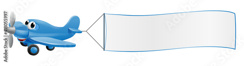 Banner airplane cartoon character mascot. An illustration of a cute blue small or toy aeroplane pulling a sign
