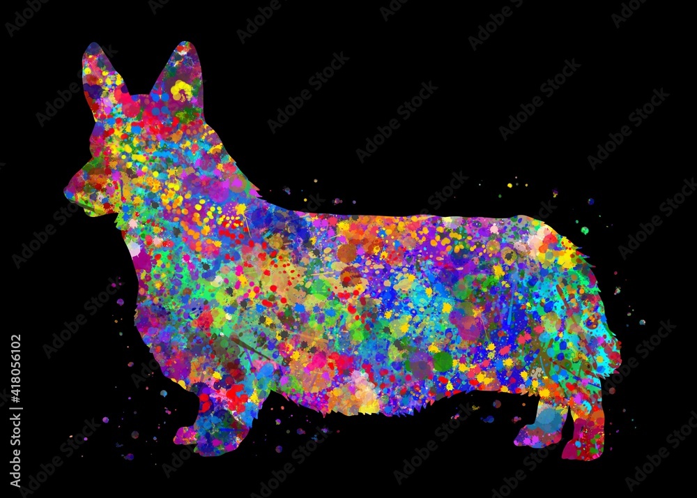 Corgi Dog watercolor, black background, abstract painting. Watercolor illustration rainbow, colorful, decoration wall art.