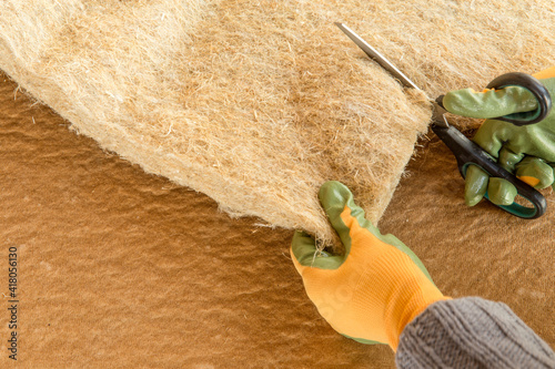 materials background - compressed thermal insulating hemp fiber bonded panels
